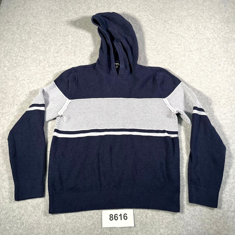 Express Hoodie Sweater Mens Medium Navy Blue White Colorblock Waffle Knit